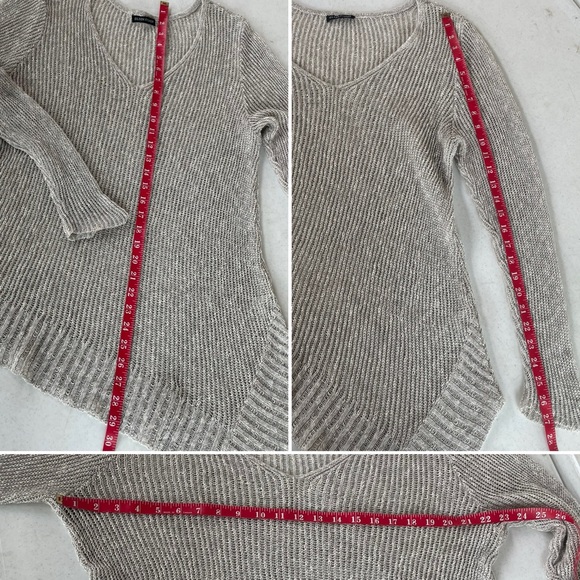Eileen Fisher • Beige V-Neck Linen Cotton Blend Fishnet Asymmetrical Sweater - Picture 6 of 8